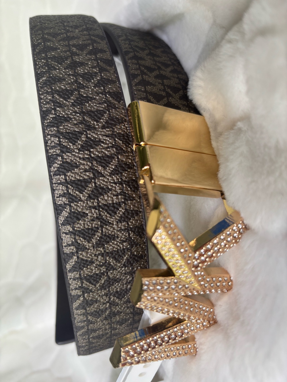 Michael Kors Reversible Monogram Belt with Gold MK Crystal Buckle - Picture 4 of 16